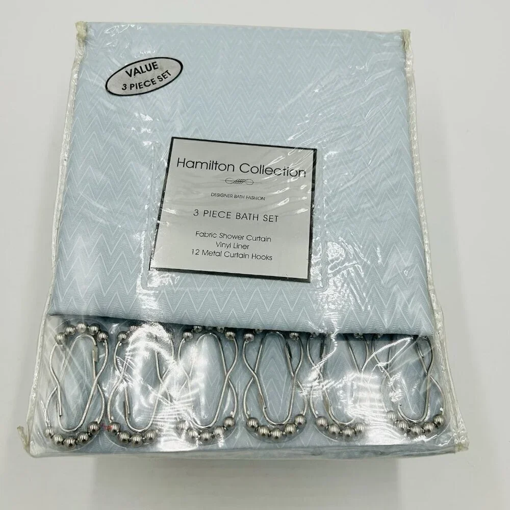 Hamilton Collection 3 Piece Bath Set Textured Shower Curtain, Liner & 12 Hooks